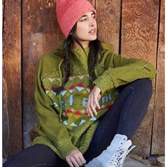 Free People Powder Bunny Sweater Ski Bum Fair Isle Chunky Knit Hooded Oversized - Picture 2 of 14